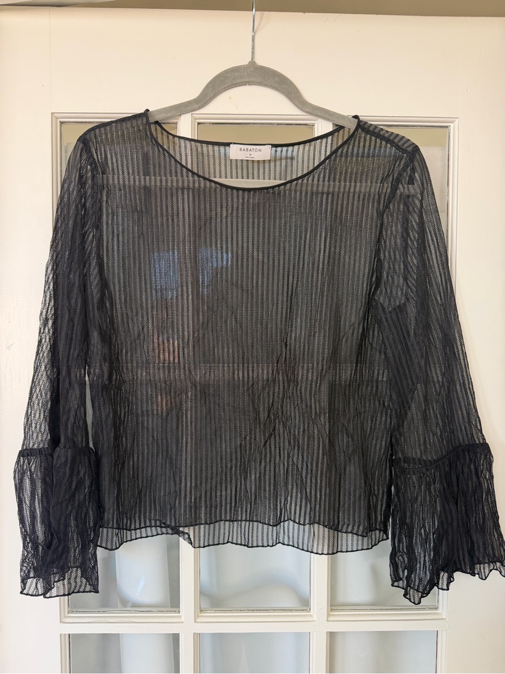 Babaton Black Sheer Striped Blouse with Flared Cuffs
